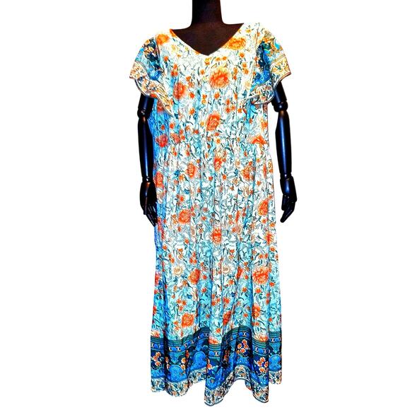 Plus Size 3X 22 24 Boho Bandana Print Ruffle Pocket Cap Sleeve Button Maxi Dress - Picture 3 of 6
